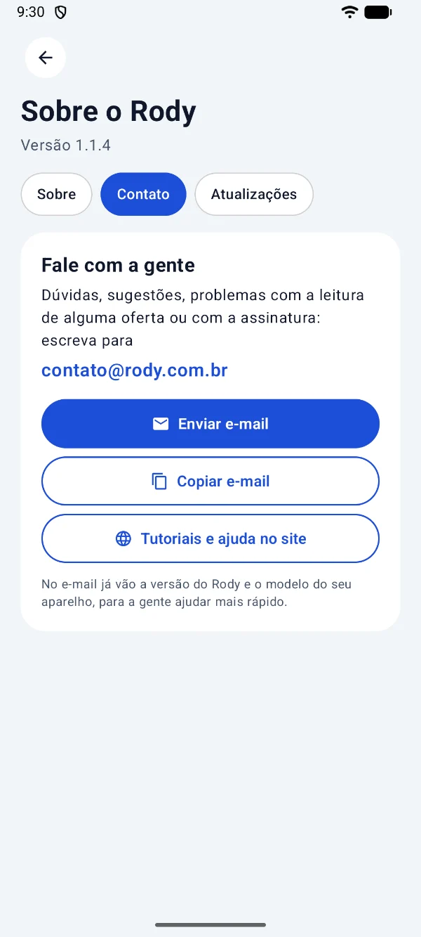 Aba Contato do app, com o e-mail contato@rody.com.br