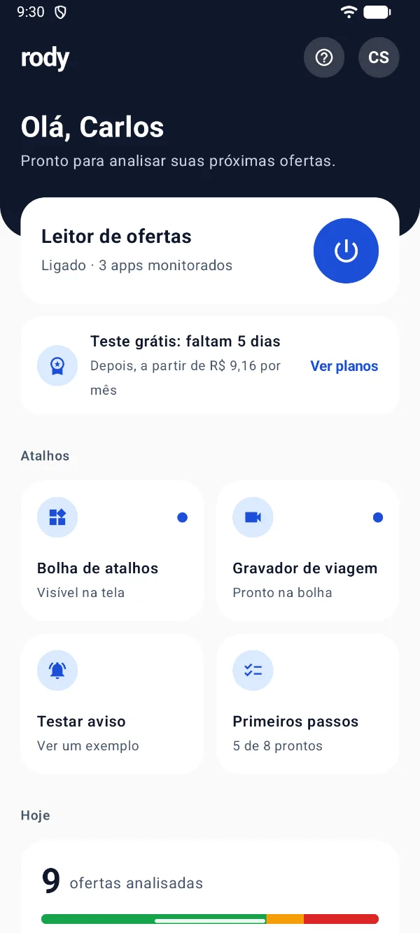 Tela Início do Rody mostrando o teste grátis